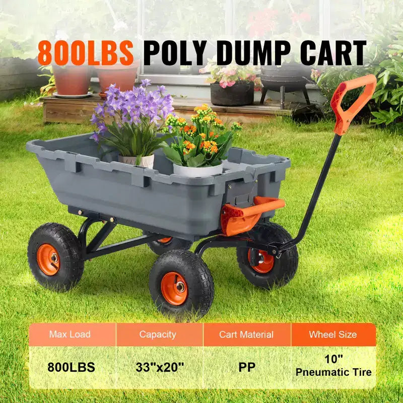 Chariot à benne de jardin en poly avec cadre en acier facile à assembler, poignee convertible 2-en-1, capacite 800 lb, pneus 10 pouces