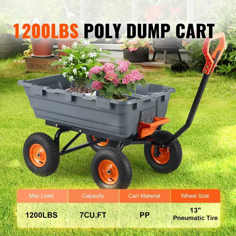 Chariot à benne de jardin en poly avec cadre en acier facile à assembler, poignee convertible 2-en-1, capacite de charge 6,48 pi³, capacite 1200 lb, pneus 13 pouces
