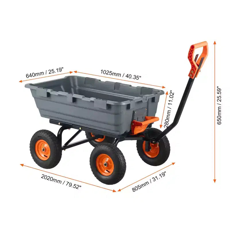 Chariot à benne de jardin en poly avec cadre en acier facile à assembler, poignee convertible 2-en-1, capacite de charge 6,48 pi³, capacite 1200 lb, pneus 13 pouces