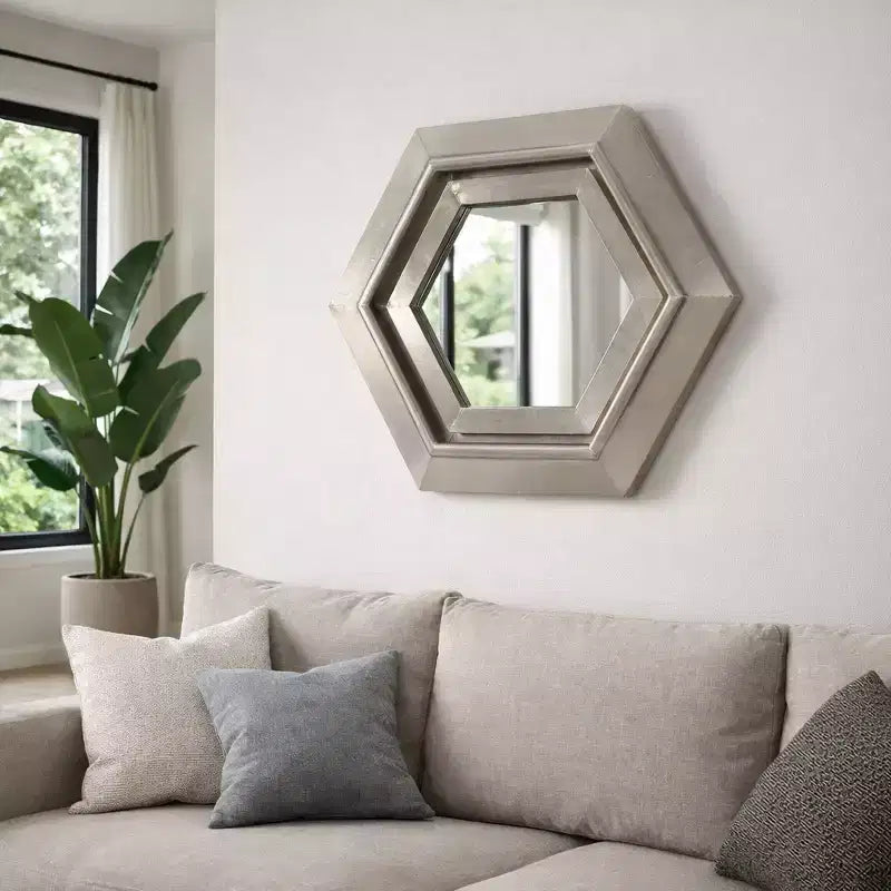 Miroir mural hexagonal moderne en métal pour la décoration de la chambre et du salon - Miroirs décoratifs pour mur, couloir, entrée ou salle de bain - 20, Argent et Métallisé