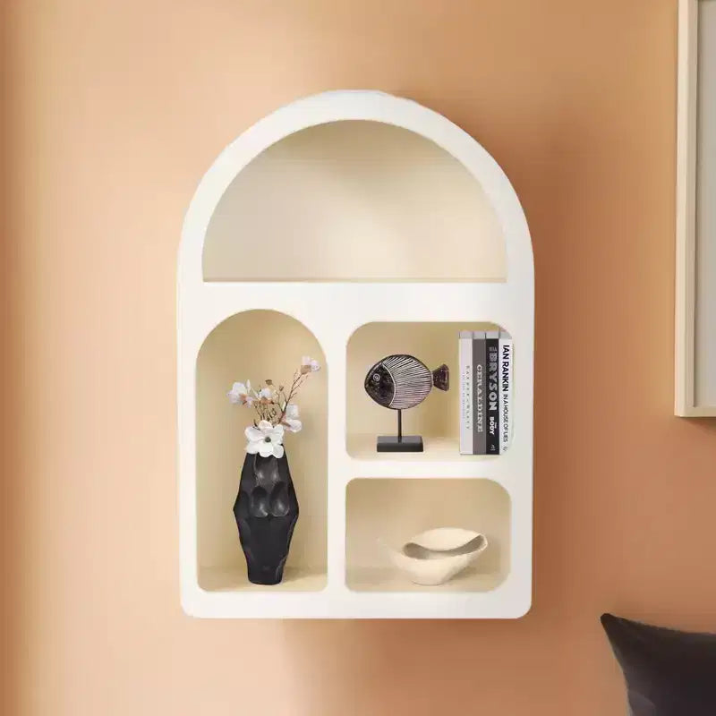 Organisateur de rangement mural arqué avec étagères suspendues multi-niveaux - Design en bois glamour à silhouette incurvée pour petits espaces - 24 po, blanc