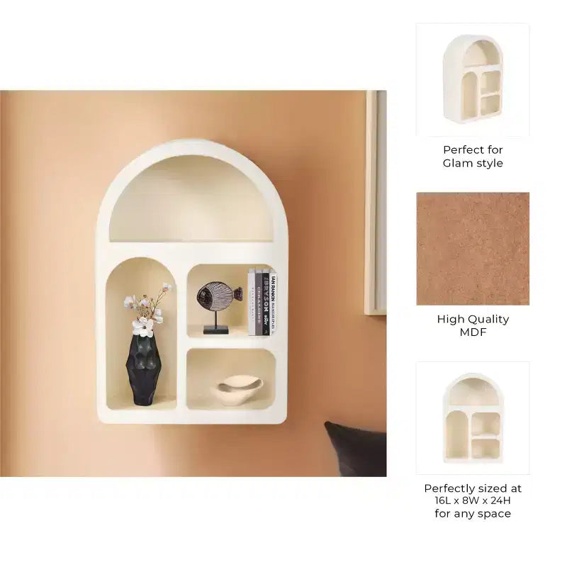 Organisateur de rangement mural arqué avec étagères suspendues multi-niveaux - Design en bois glamour à silhouette incurvée pour petits espaces - 24 po, blanc