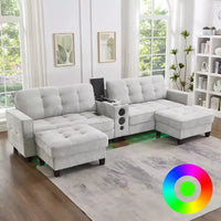 Canapé d'angle Whisen 126 avec console centrale, porte-gobelets, forme en U, haut-parleurs Bluetooth intégrés et 2 poufs de rangement pour le salon