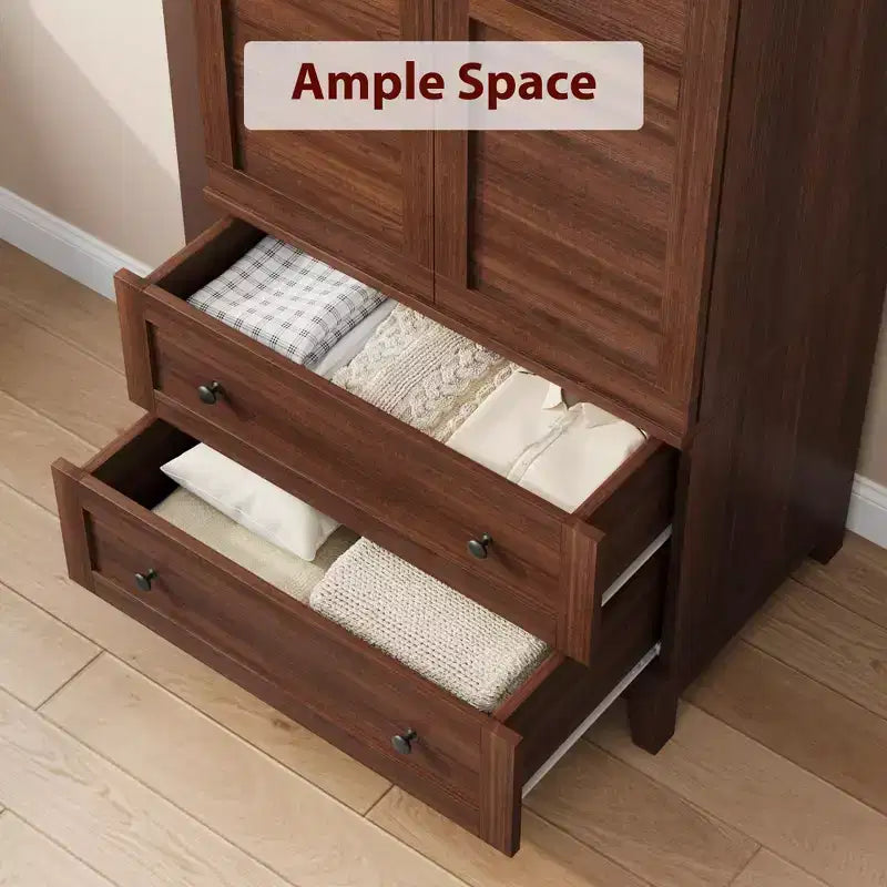 Armoire-penderie en bois, 2 tiroirs, étagères réglables, organisateur de vêtements robuste, pour chambre