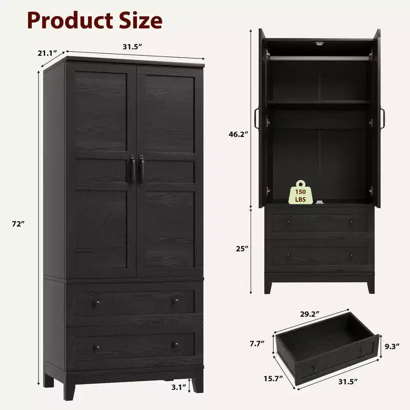 Armoire-penderie en bois, 2 tiroirs, étagères réglables, organisateur de vêtements robuste, pour chambre
