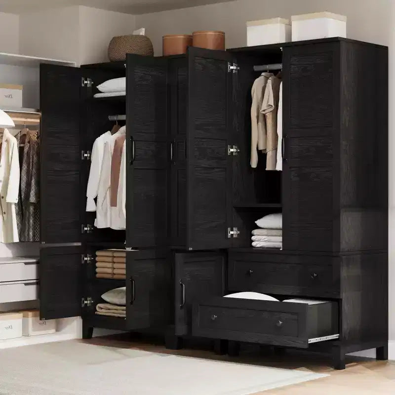 Armoire-penderie en bois, 2 tiroirs, étagères réglables, organisateur de vêtements robuste, pour chambre
