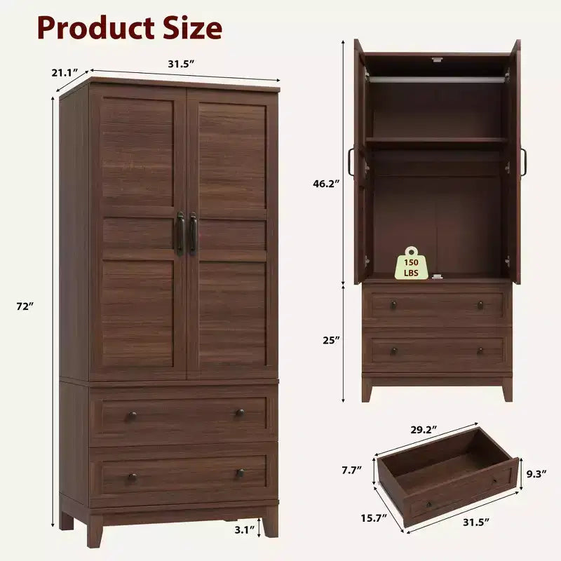 Armoire-penderie en bois, 2 tiroirs, étagères réglables, organisateur de vêtements robuste, pour chambre