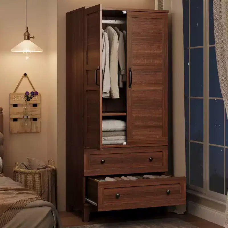 Armoire-penderie en bois, 2 tiroirs, étagères réglables, organisateur de vêtements robuste, pour chambre