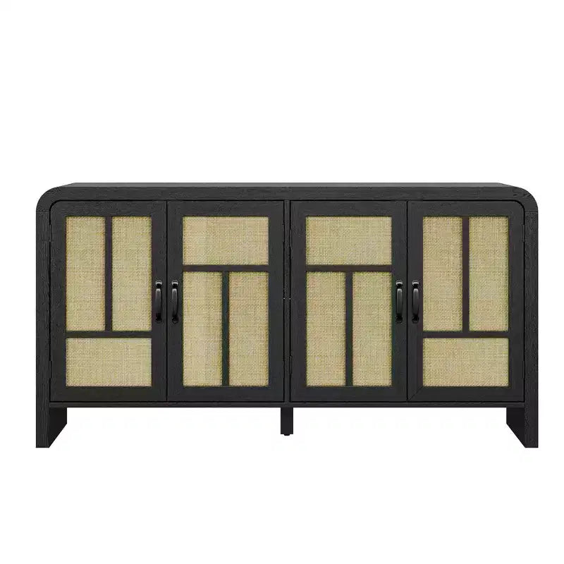 Buffet en rotin noir 59 po avec 4 portes, buffet enfilade boho à étagères réglables, accent en bois pour salle à manger et salon