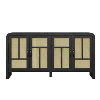Buffet en rotin noir 59 po avec 4 portes, buffet enfilade boho à étagères réglables, accent en bois pour salle à manger et salon