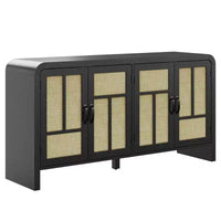 Buffet en rotin noir 59 po avec 4 portes, buffet enfilade boho à étagères réglables, accent en bois pour salle à manger et salon