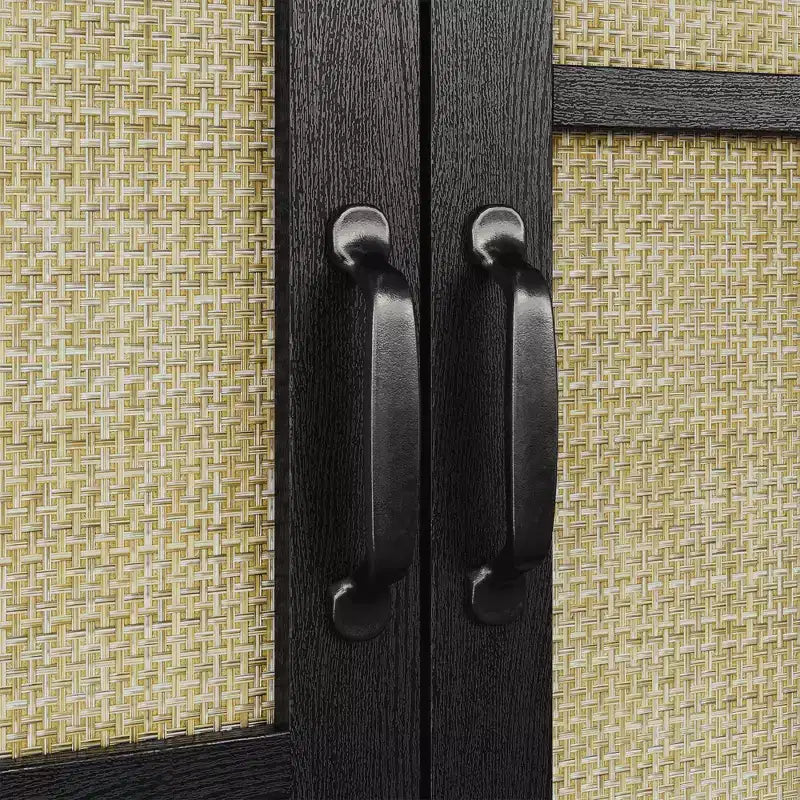 Buffet en rotin noir 59 po avec 4 portes, buffet enfilade boho à étagères réglables, accent en bois pour salle à manger et salon