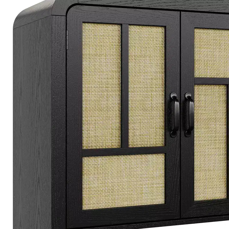 Buffet en rotin noir 59 po avec 4 portes, buffet enfilade boho à étagères réglables, accent en bois pour salle à manger et salon
