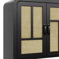 Buffet en rotin noir 59 po avec 4 portes, buffet enfilade boho à étagères réglables, accent en bois pour salle à manger et salon