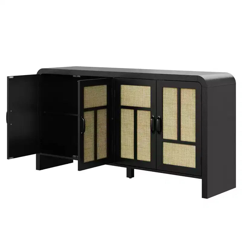 Buffet en rotin noir 59 po avec 4 portes, buffet enfilade boho à étagères réglables, accent en bois pour salle à manger et salon
