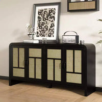 Buffet en rotin noir 59 po avec 4 portes, buffet enfilade boho à étagères réglables, accent en bois pour salle à manger et salon