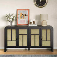 Buffet en rotin noir 59 po avec 4 portes, buffet enfilade boho à étagères réglables, accent en bois pour salle à manger et salon