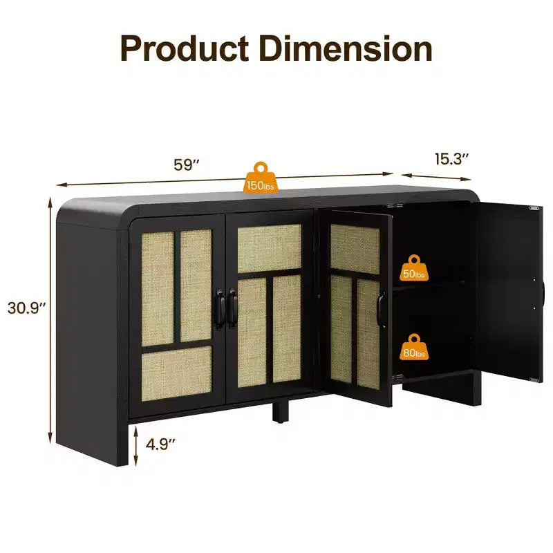 Buffet en rotin noir 59 po avec 4 portes, buffet enfilade boho à étagères réglables, accent en bois pour salle à manger et salon