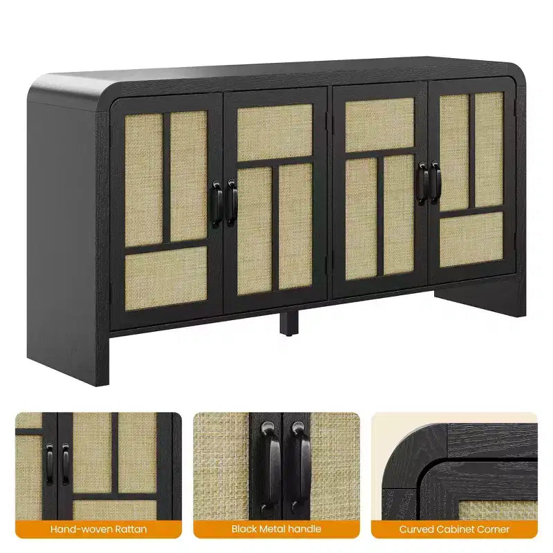 Buffet en rotin noir 59 po avec 4 portes, buffet enfilade boho à étagères réglables, accent en bois pour salle à manger et salon