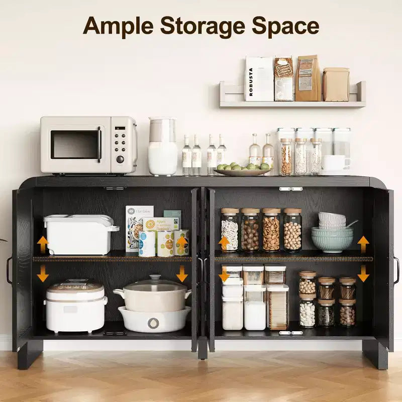 Buffet en rotin noir 59 po avec 4 portes, buffet enfilade boho à étagères réglables, accent en bois pour salle à manger et salon