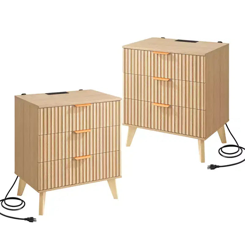 VEVOR Tables de chevet cannelées avec station de charge, lot de 2, commode de chambre à 3 tiroirs, table d'appoint moderne du milieu du siècle, chiffonnier, marron