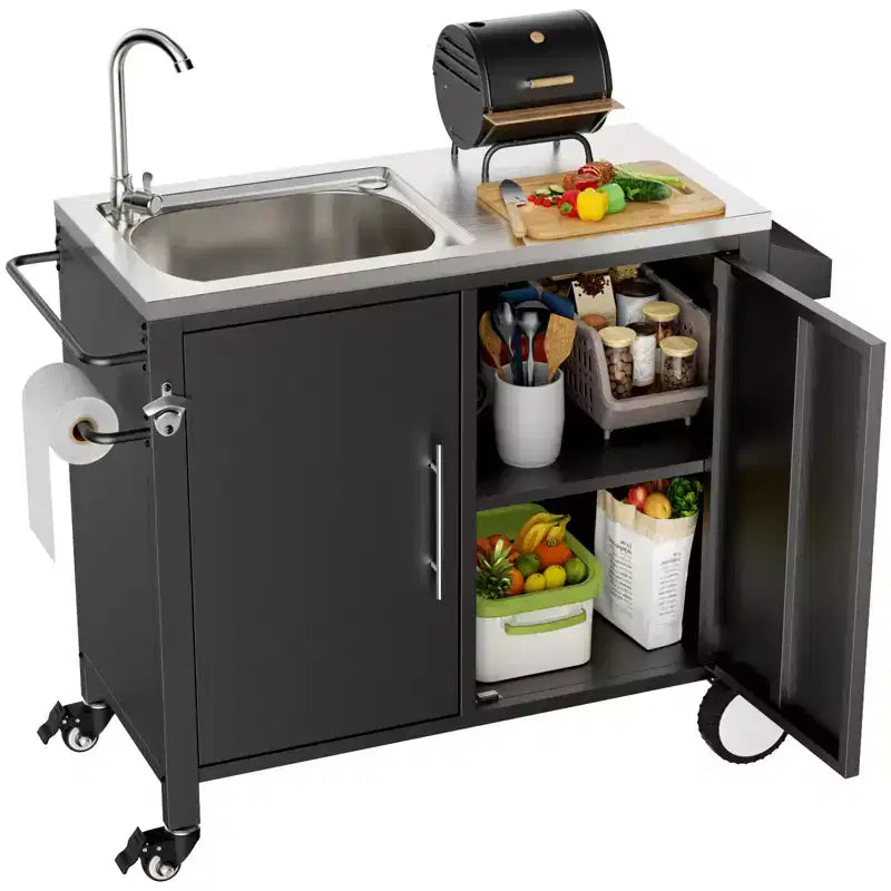 Table de barbecue d'extérieur avec evier, chariot de barbecue avec evier et meuble en acier inoxydable 304, chariot de barbecue d'extérieur avec evier