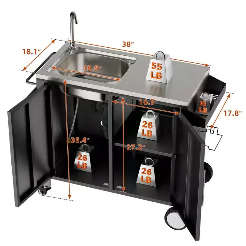 Table de barbecue d'extérieur avec evier, chariot de barbecue avec evier et meuble en acier inoxydable 304, chariot de barbecue d'extérieur avec evier