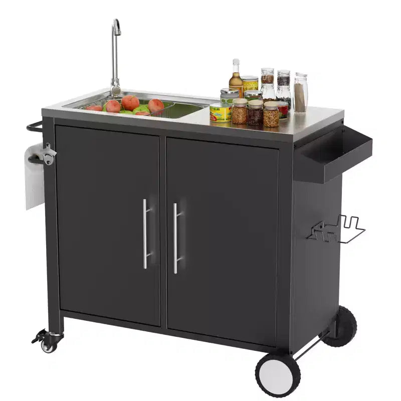Table de barbecue d'extérieur avec evier, chariot de barbecue avec evier et meuble en acier inoxydable 304, chariot de barbecue d'extérieur avec evier