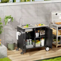 Table de barbecue d'extérieur avec evier, chariot de barbecue avec evier et meuble en acier inoxydable 304, chariot de barbecue d'extérieur avec evier