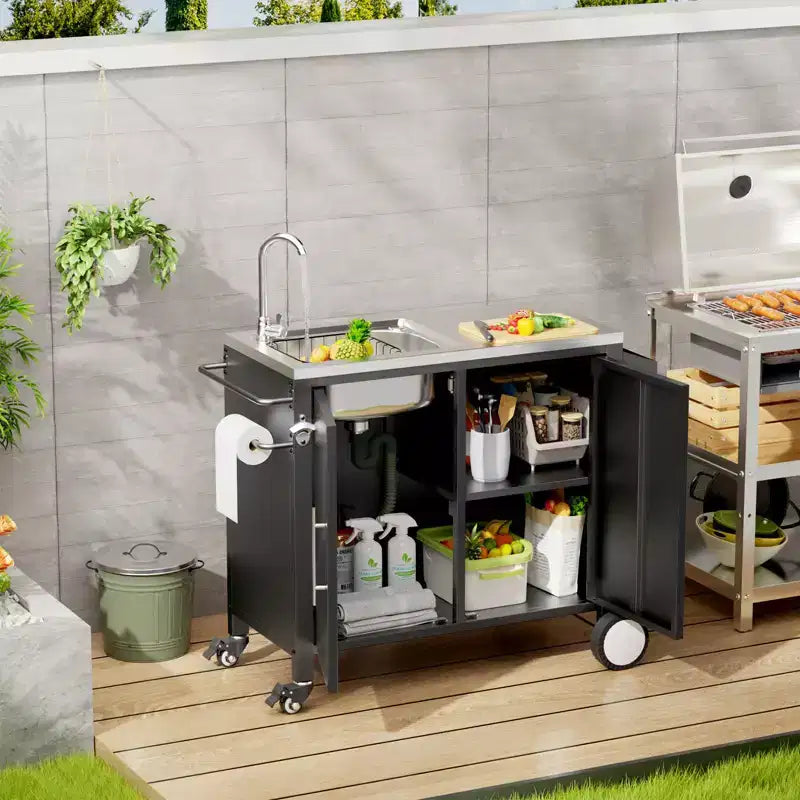Table de barbecue d'extérieur avec evier, chariot de barbecue avec evier et meuble en acier inoxydable 304, chariot de barbecue d'extérieur avec evier