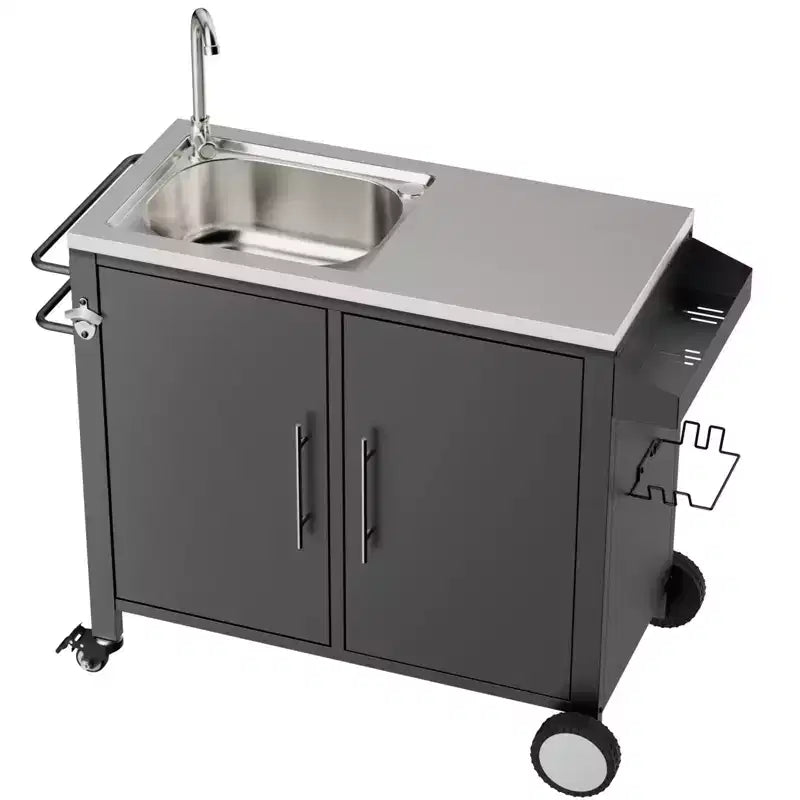 Table de barbecue d'extérieur avec evier, chariot de barbecue avec evier et meuble en acier inoxydable 304, chariot de barbecue d'extérieur avec evier