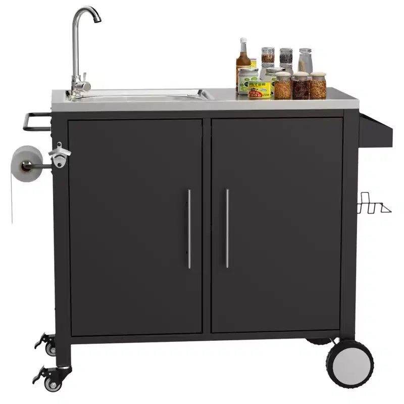 Table de barbecue d'extérieur avec evier, chariot de barbecue avec evier et meuble en acier inoxydable 304, chariot de barbecue d'extérieur avec evier