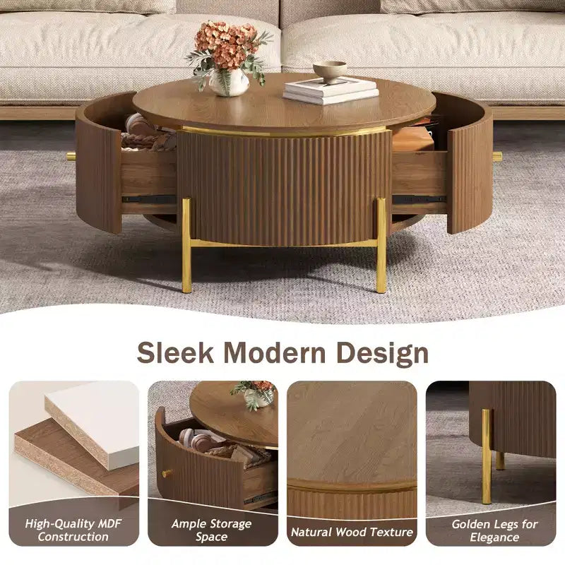 JVNOXK Table basse ronde moderne avec 2 grands tiroirs de rangement, table d'appoint de 80 cm pour salon, marron