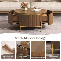 JVNOXK Table basse ronde moderne avec 2 grands tiroirs de rangement, table d'appoint de 80 cm pour salon, marron