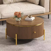 JVNOXK Table basse ronde moderne avec 2 grands tiroirs de rangement, table d'appoint de 80 cm pour salon, marron