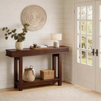 Console en bois cannelé de style campagnard, 2 niveaux avec étagère de rangement, table d'entrée rectangulaire étroite, derrière le canapé, pour hall d'entrée, couloir, salon