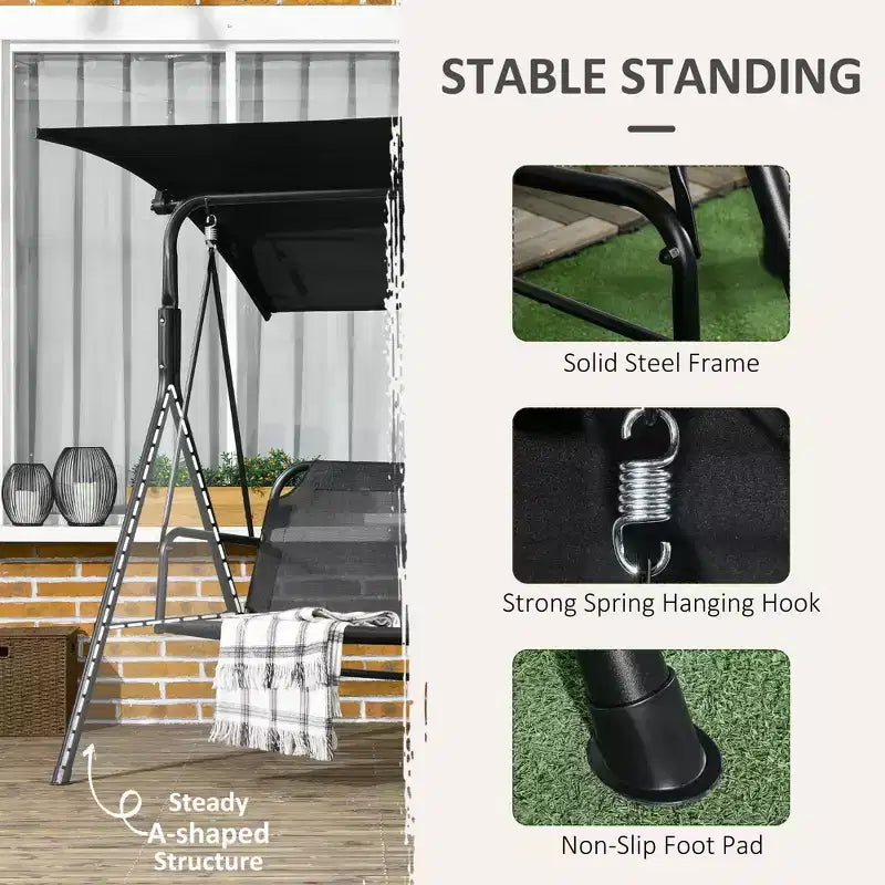 Balancelle de patio extérieure 3 places avec coussin, support à cadre en acier, auvent inclinable réglable pour patio, jardin