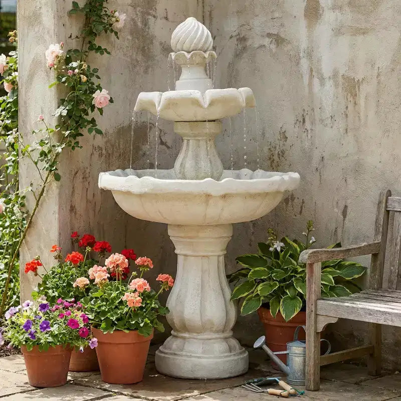 Fontaine d'eau extérieure à 2 niveaux, piédestal classique avec cascade pour terrasse, jardin, cour, blanc - ModernLuxe