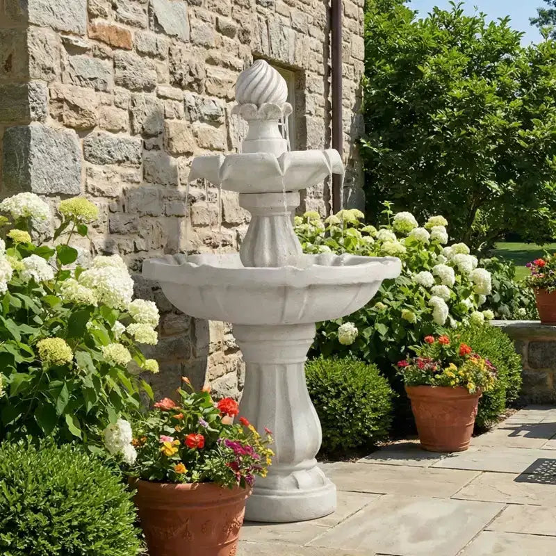 Fontaine d'eau extérieure à 2 niveaux, piédestal classique avec cascade pour terrasse, jardin, cour, blanc - ModernLuxe