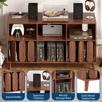 Meuble TV moderne de 55" en bois avec station de recharge, prises de courant et 2 ports USB, rangement pour vinyles, style Mid-Century, étagères ouvertes, bois naturel