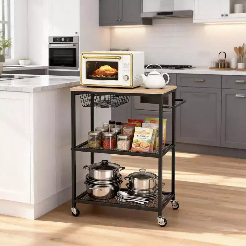 Desserte de cuisine vintage à roulettes à 3 niveaux avec poignée de poussée, 2 roues verrouillables, support utilitaire pour micro-ondes, rangement pour îlot de cuisine, bar à café, salon