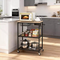 Desserte de cuisine vintage à roulettes à 3 niveaux avec poignée de poussée, 2 roues verrouillables, support utilitaire pour micro-ondes, rangement pour îlot de cuisine, bar à café, salon