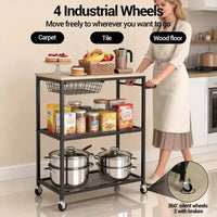 Desserte de cuisine vintage à roulettes à 3 niveaux avec poignée de poussée, 2 roues verrouillables, support utilitaire pour micro-ondes, rangement pour îlot de cuisine, bar à café, salon