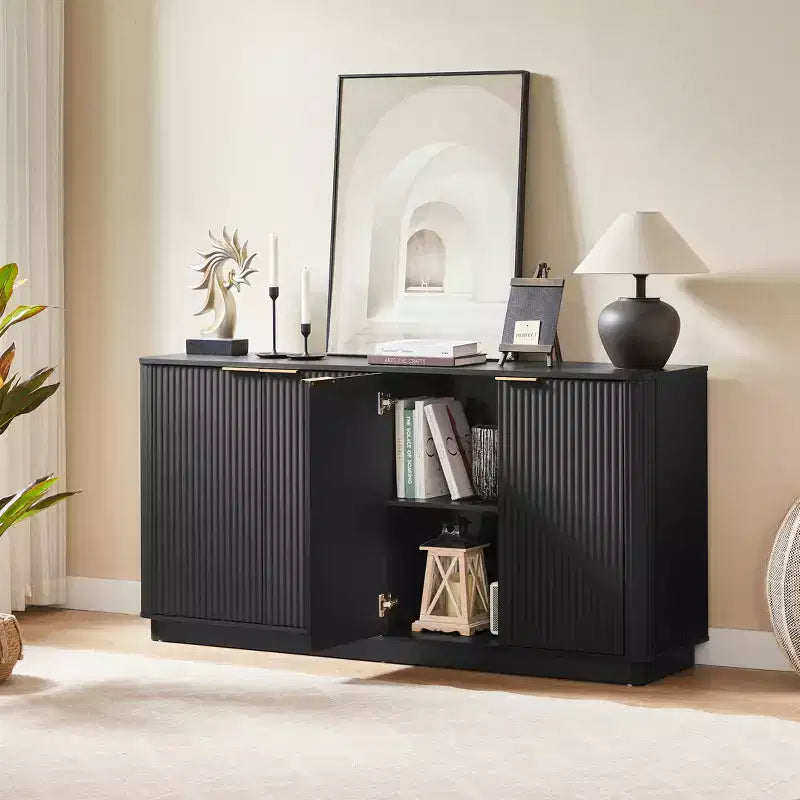 JVNOXK 63 Armoire de buffet à rayures verticales avec rangement, meuble TV à vagues incurvées pour salon, chambre, couloir, noir
