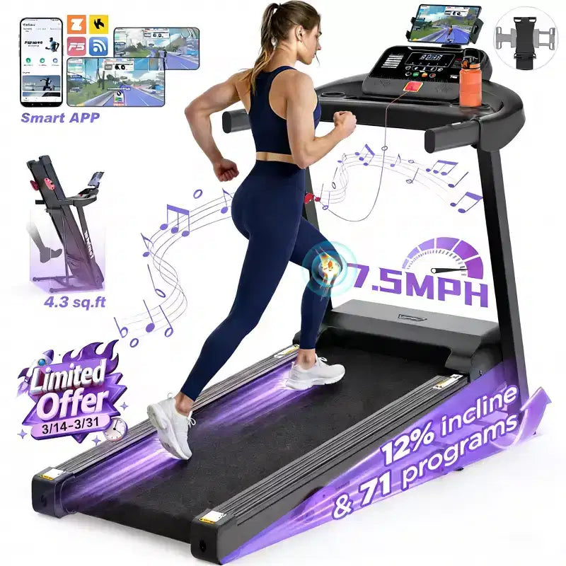 Tapis roulant pliable Famistar 3,5 CV avec applications intelligentes, écran LED et haut-parleurs Bluetooth, noir
