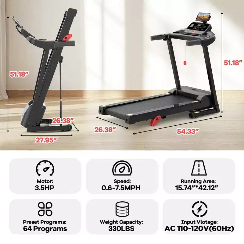 Tapis roulant pliable Famistar 3,5 CV avec applications intelligentes, écran LED et haut-parleurs Bluetooth, noir