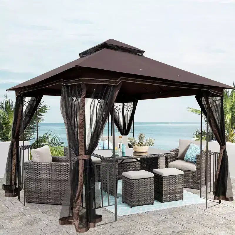 Tonnelle de jardin extérieure Clihome 3x3 m avec toit à double ventilation et moustiquaire, marron