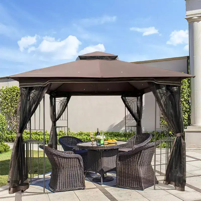 Tonnelle de jardin extérieure Clihome 3x3 m avec toit à double ventilation et moustiquaire, marron