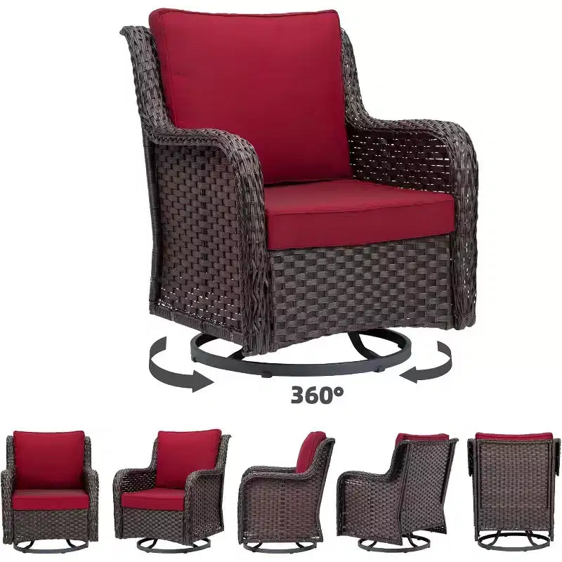Ensemble bistro de patio 3 pièces en osier toutes saisons, meubles d'extérieur avec chaises rembourrées pivotantes à 360° et table d'appoint en verre trempé pour jardin et véranda