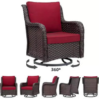 Ensemble bistro de patio 3 pièces en osier toutes saisons, meubles d'extérieur avec chaises rembourrées pivotantes à 360° et table d'appoint en verre trempé pour jardin et véranda